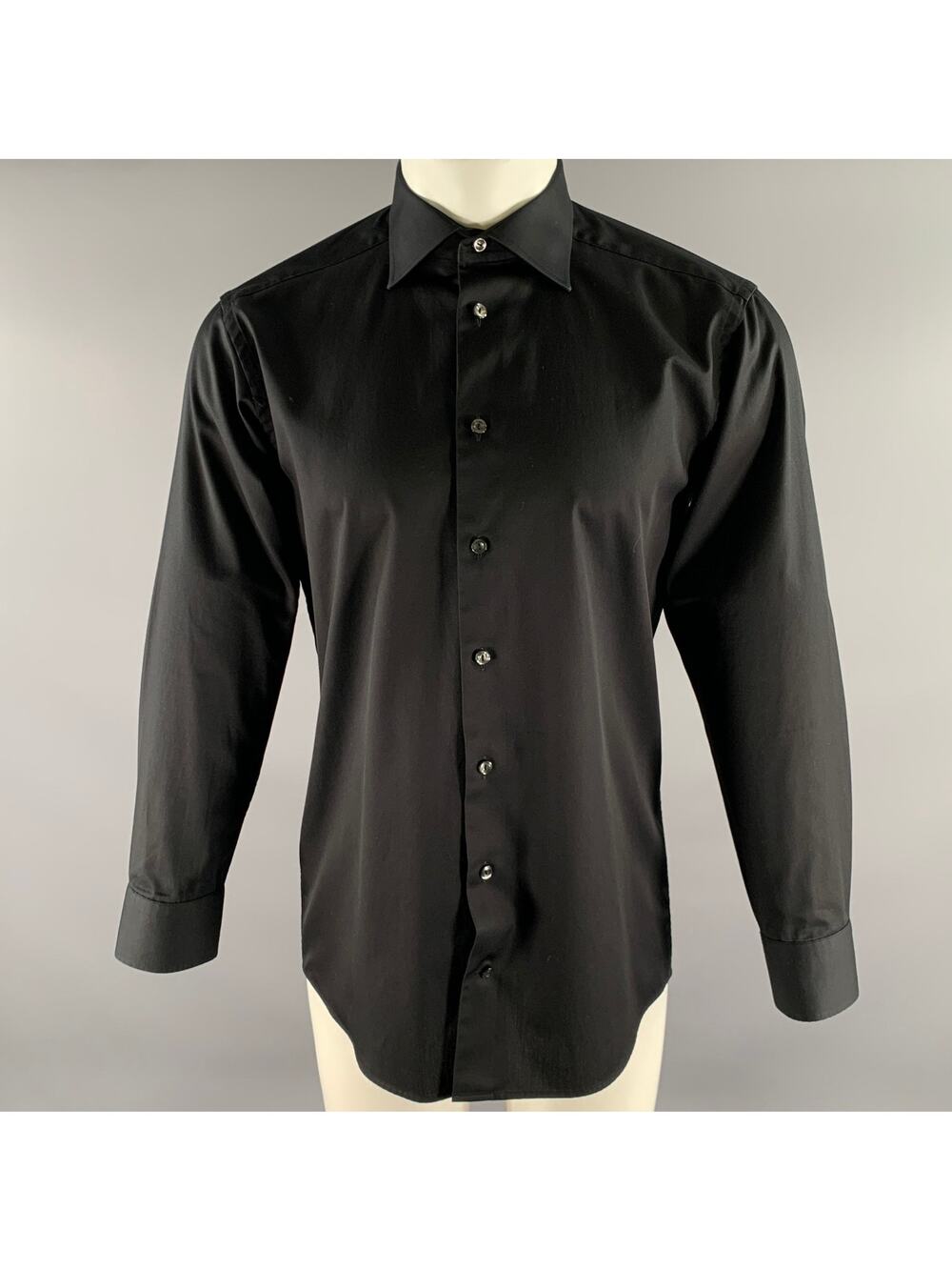 ETON Size M Black Solid Cotton Spread Collar Long Sleeve Shirt